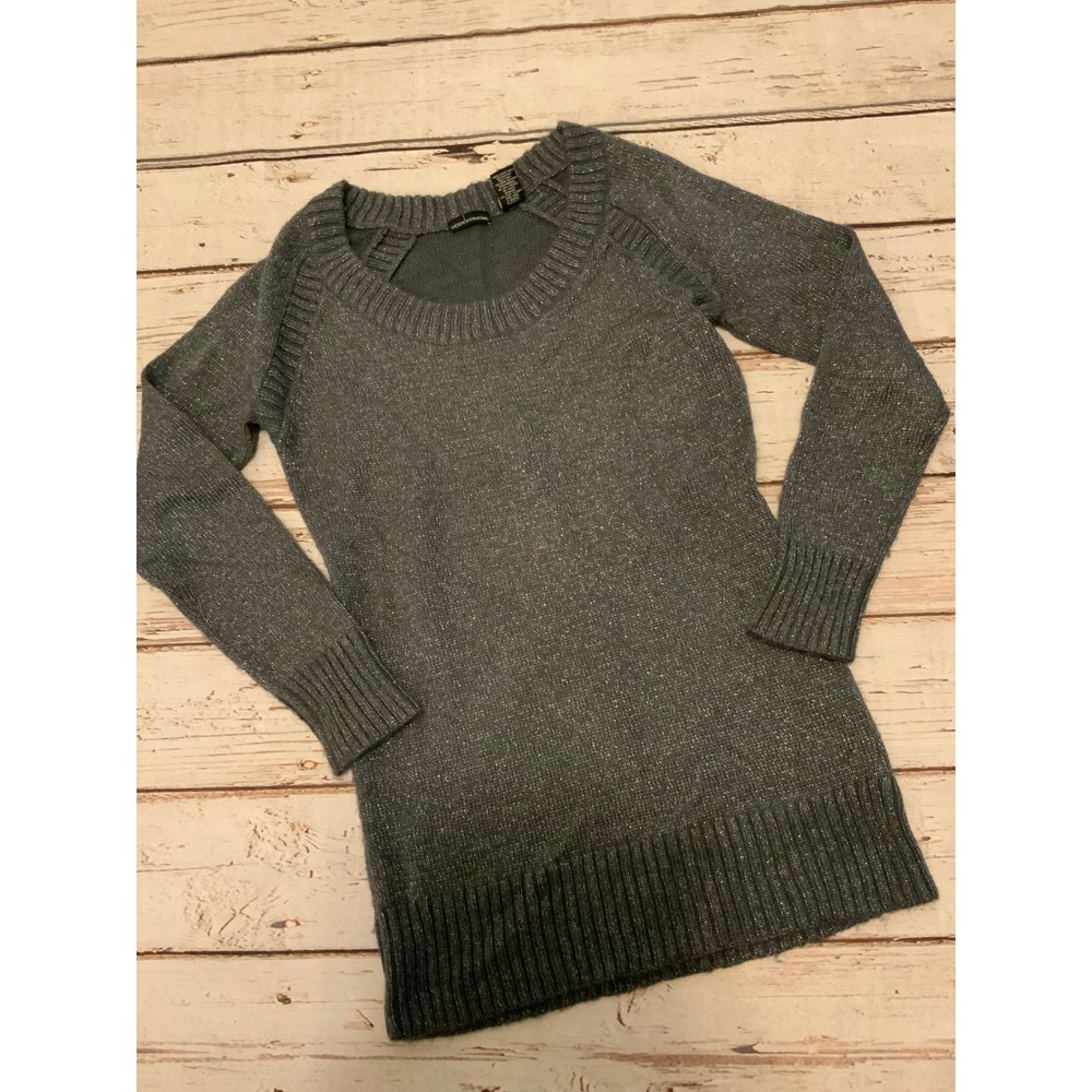 Moda International Silver Metallic Shimmer Knit Sweater Grey Mohair Blend Medium